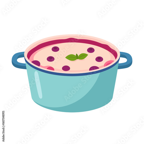 Light blue cooking pot filled with creamy berry porridge, garnished with fresh mint leaves.