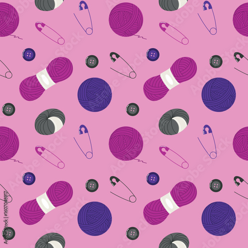 Seamless Pattern with Yarn Balls, Buttons, and Safety Pins on Pink