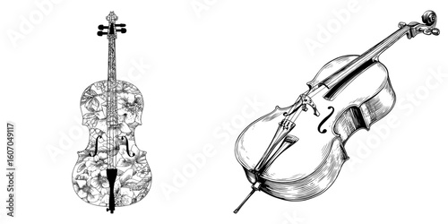 Modern string musical instrument in black and white featuring a 'cello outline and silhouette set with a contemporary design