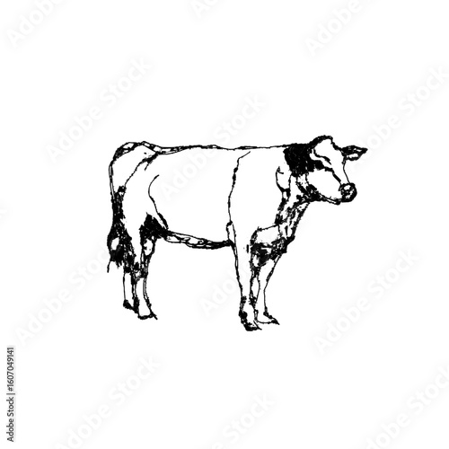 The concept of a village animal, specifically a cow, is illustrated in a modern painting style with a minimalist, hand-drawn silhouette on a white background, highlighting farmer activity