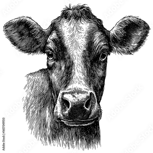 Modern illustration of a cow portrait with a calf head in black sketch isolated on a white background