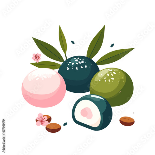 Vibrant assortment of Japanese mochi desserts with sakura flowers and sesame seed toppings.