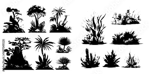 A set of cartoon bushes is presented in a flat style, featuring a collection of green plants alongside black silhouettes on a white background