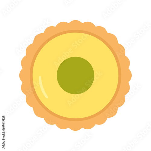 Flat vector illustration of a round tartlet with a fluted crust, yellow custard, and a green jam center.