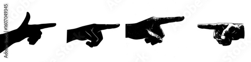A black, isolated, modern silhouette of a hand featuring an index finger is depicted, often used for pressing a button or pointing in a specific direction, and is commonly utilized as hand-drawn clip