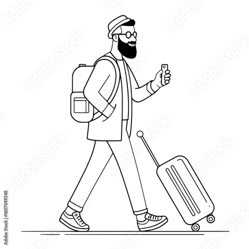 A man carrying luggage is depicted in a continuous line art drawing style, showcasing a tourist in casual attire with a suitcase and backpack, prepared for travel, illustrated in black linear sketch