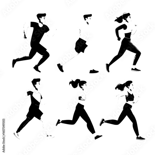 A modern illustration of a marathon race concept is represented by people running, with men and women jogging, in a flat style sport and fitness design template that includes runners and athletes