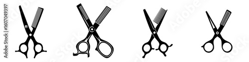 A graphic icon featuring scissors and a hairbrush, symbolizing a barbershop, is depicted in a modern illustration isolated on a white background with a crossed sign