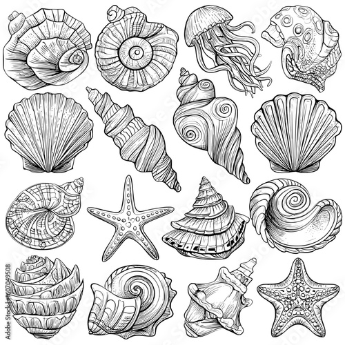 Modern contour illustration of shells, sea stars, and jellyfish in black and white, offering a set of nautical elements for designing cards, creating logos, and decorating