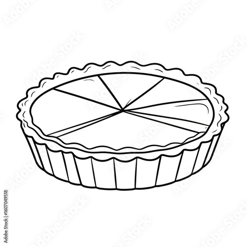 Simple black and white line art of a whole pie in a fluted tart pan, sliced into six wedges.