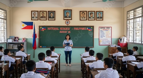 Filipino teacher conducts class in a traditional classroom setting with students attentive and