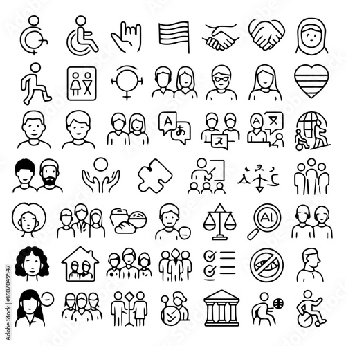 Inclusive Society and Diversity Icons Set – Line Style Vector Illustrations / business set of icon .