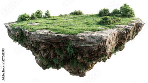 Verdant floating landmass hovering above ground, displaying lush greenery, rocky terrain against transparent backdrop, embodying dreamlike fantasy landscape