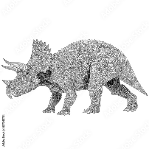 A modern illustration features the outline of a Triceratops dinosaur for coloring © AI04