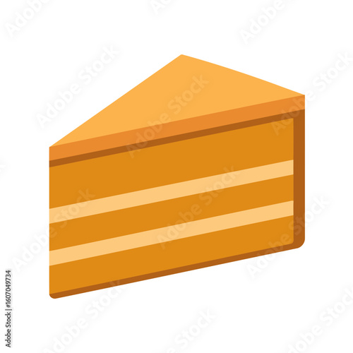 A stylized isometric slice of a three-layer orange sponge cake with cream filling.