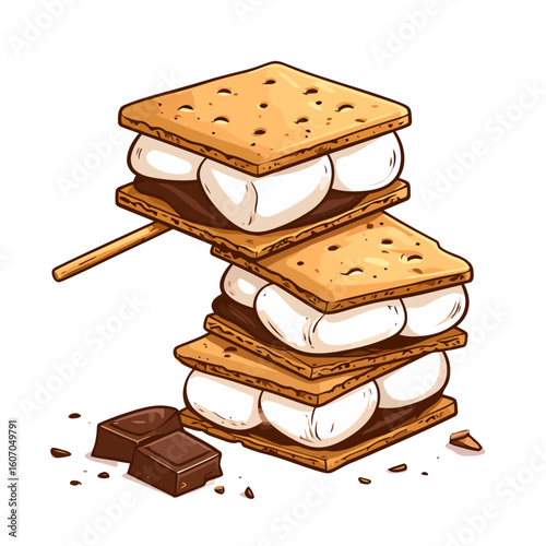 A cartoon stack of three s'mores with melted chocolate, puffy marshmallows, and a wooden stick.