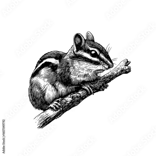 Modern illustration of an isolated chipmunk in black and white engrave