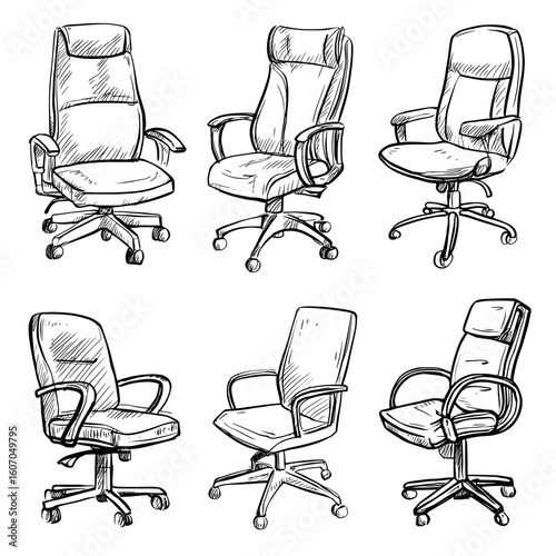 An isolated set of office chairs on white background, presented in different positions as line graphics