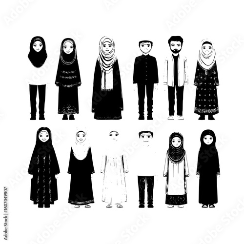 A substantial gathering of Muslim people is showcased, comprising Arabian women and men