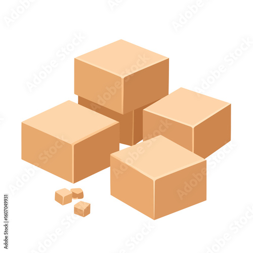 Isometric stack of light brown caramel fudge cubes. Sweet confectionery candy with small crumbles.