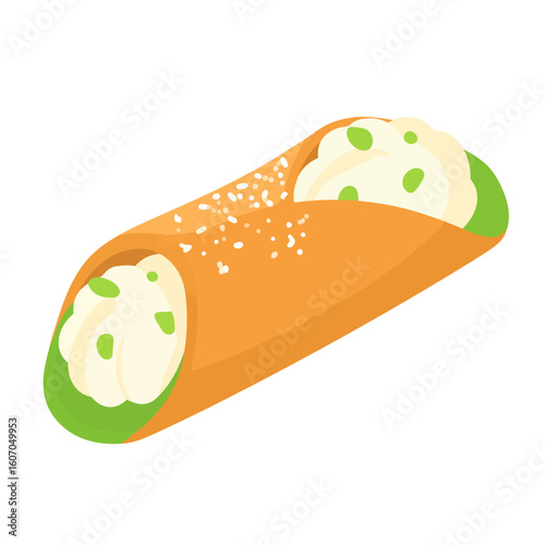 A delicious Italian cannoli with creamy ricotta filling, pistachio nuts, and a sprinkle of powdered sugar.