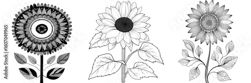 The design features a stylized sunflower with leaves on a stem, rendered in black lines against a white backdrop, labeled as ornament