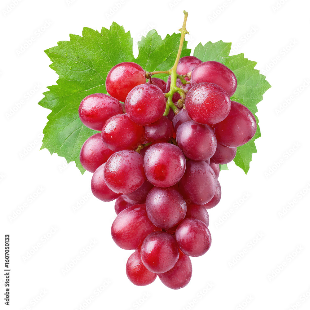 Fototapeta premium Fresh and Juicy Red Grapes with Green Leaves Isolated on White Background for Healthy Food and Nutrition Concepts