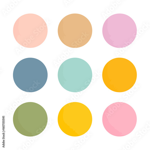 Set of nine hand-drawn circles with a textured, watercolor effect in a muted pastel color palette.