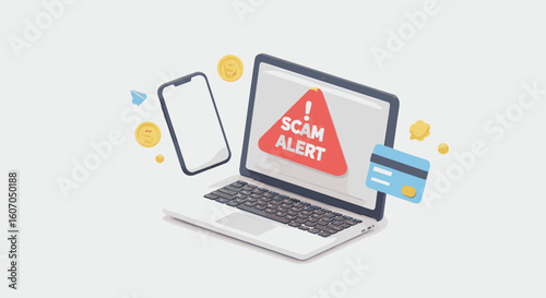 Digital scam alert concept with devices and symbols in 3d design