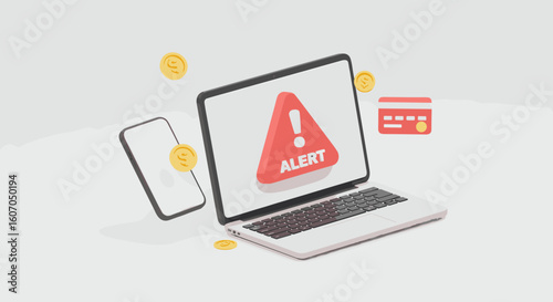 3d alert sign on laptop with digital payment icons