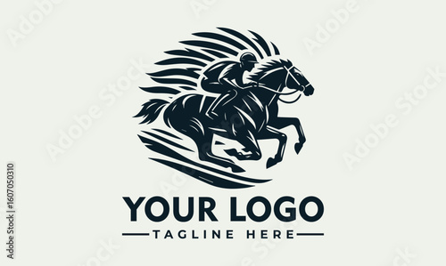 A stylized logo featuring a jockey riding a horse in full gallop, surrounded by stylized, flowing lines.