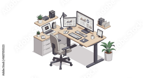 Modern home office workspace with desk and technology in isometric sty