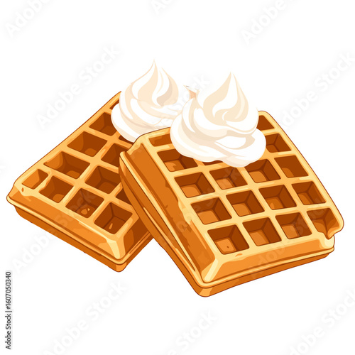 Two golden-brown square Belgian waffles topped with dollops of fluffy whipped cream, cartoon style.