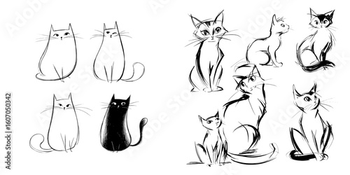 Modern cartoon cute cat sketches and minimalist line drawings feature cats and domestic kittens in playful poses, all isolated on a white background