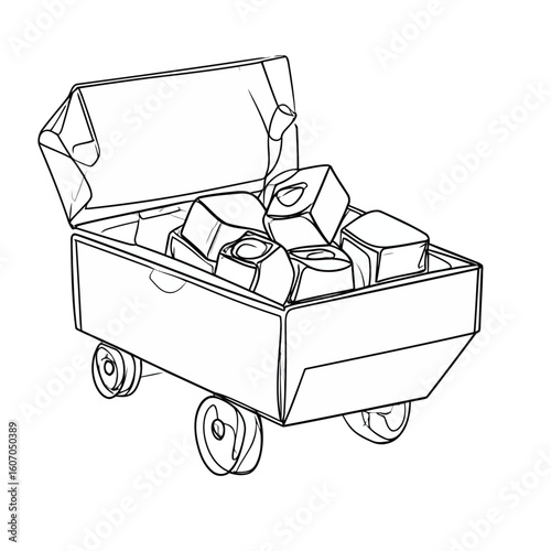 Hand-drawn line art of a mining cart on wheels, filled with cubic ore or coal briquettes.