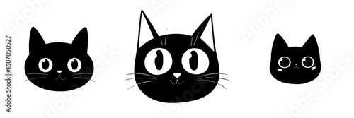 The kawaii smiling animal, a black cat face head silhouette looking up, is a cute cartoon character, ideal for a baby card or addition to a pet collection, created in flat design style and isolated