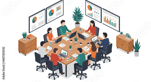 Team collaboration in modern office with digital devices and data char