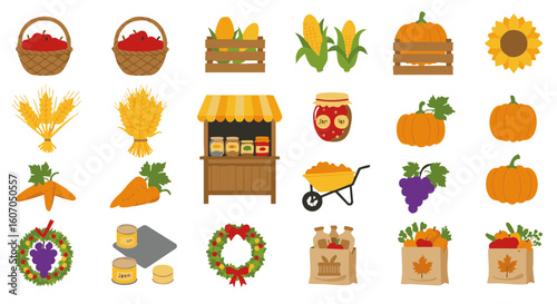 Autumn harvest flat vector icon set, 15 elements