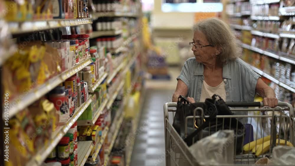 An elderly woman is shopping for groceries in a vibrant store aisle, carefully examining items on the shelves while pushing her cart filled with groceries. An elderly woman is shopping for groceries in a vibrant store aisle, carefully examining items on the shelves while pushing her cart filled with groceries.