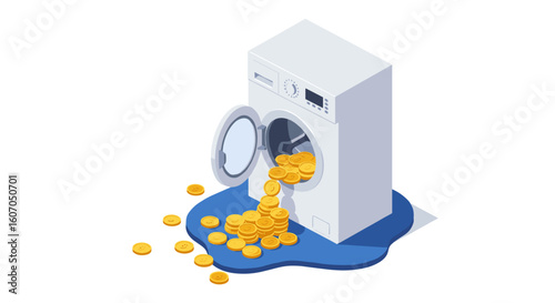 Isometric washing machine overflowing with gold coins concept