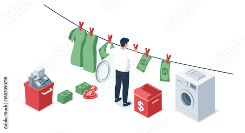 Money laundering concept with clothesline and cash in isometric style