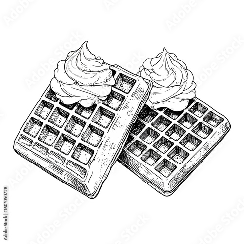 Hand-drawn sketch of two Belgian waffles topped with fluffy whipped cream swirls.