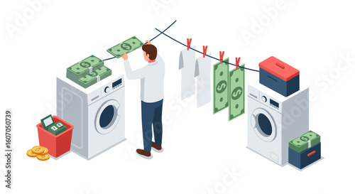 Isometric money laundering concept with man washing cash on clotheslin