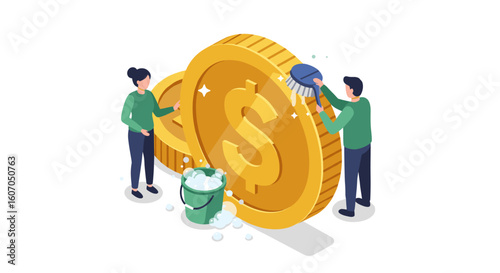 Two people cleaning giant coins with buckets and scrub brushes in isom