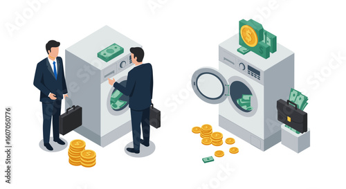Businessman inserting cash into washing machine: money laundering conc