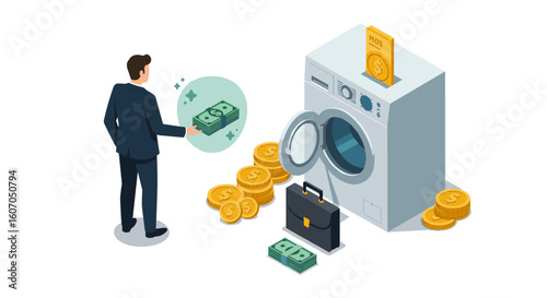 Businessman laundering money with washing machine in isometric style