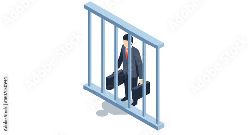 Businessman trapped in isometric cage with briefcases symbolizing corp