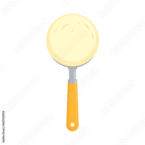 A round frying pan with a yellow handle, filled with smooth, pale yellow pancake batter.