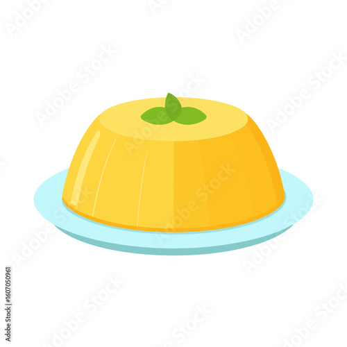 A vibrant yellow pudding dessert with a smooth, glossy texture, garnished with a fresh mint sprig and served on a light blue plate.