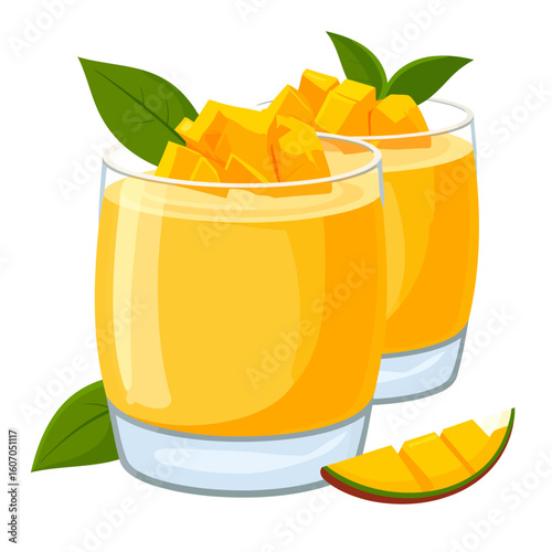 Two glasses of vibrant yellow mango smoothie, topped with diced fruit and fresh green leaves.